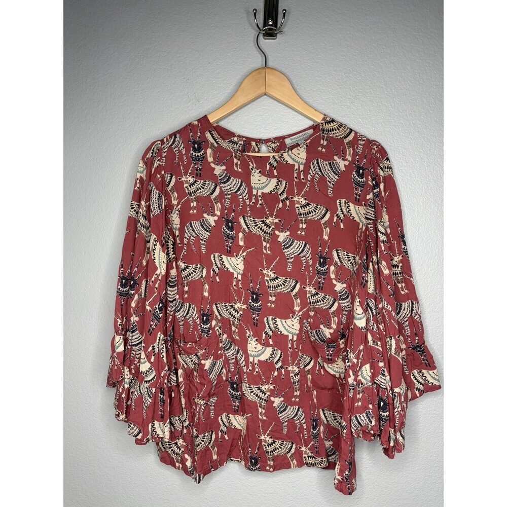 World Market Flowy Artsy Top Womens Size S/M African Gazelle Bell Sleeves